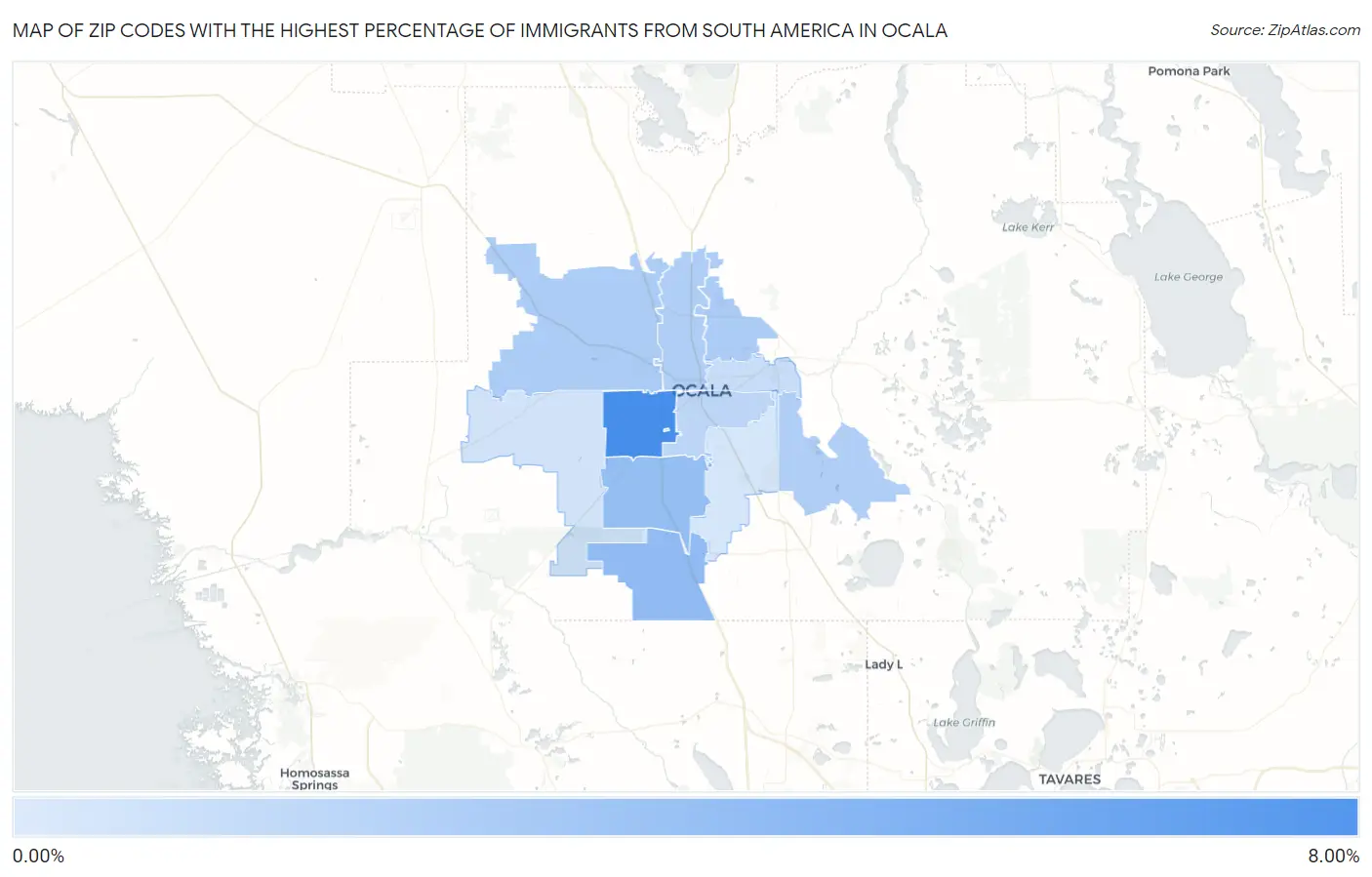 Zip Codes with the Highest Percentage of Immigrants from South America in Ocala Map