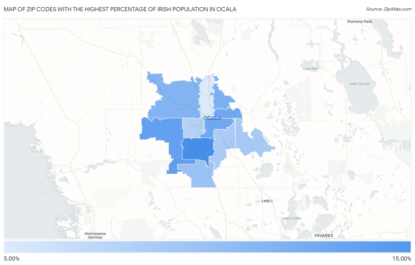 Zip Codes with the Highest Percentage of Irish Population in Ocala Map