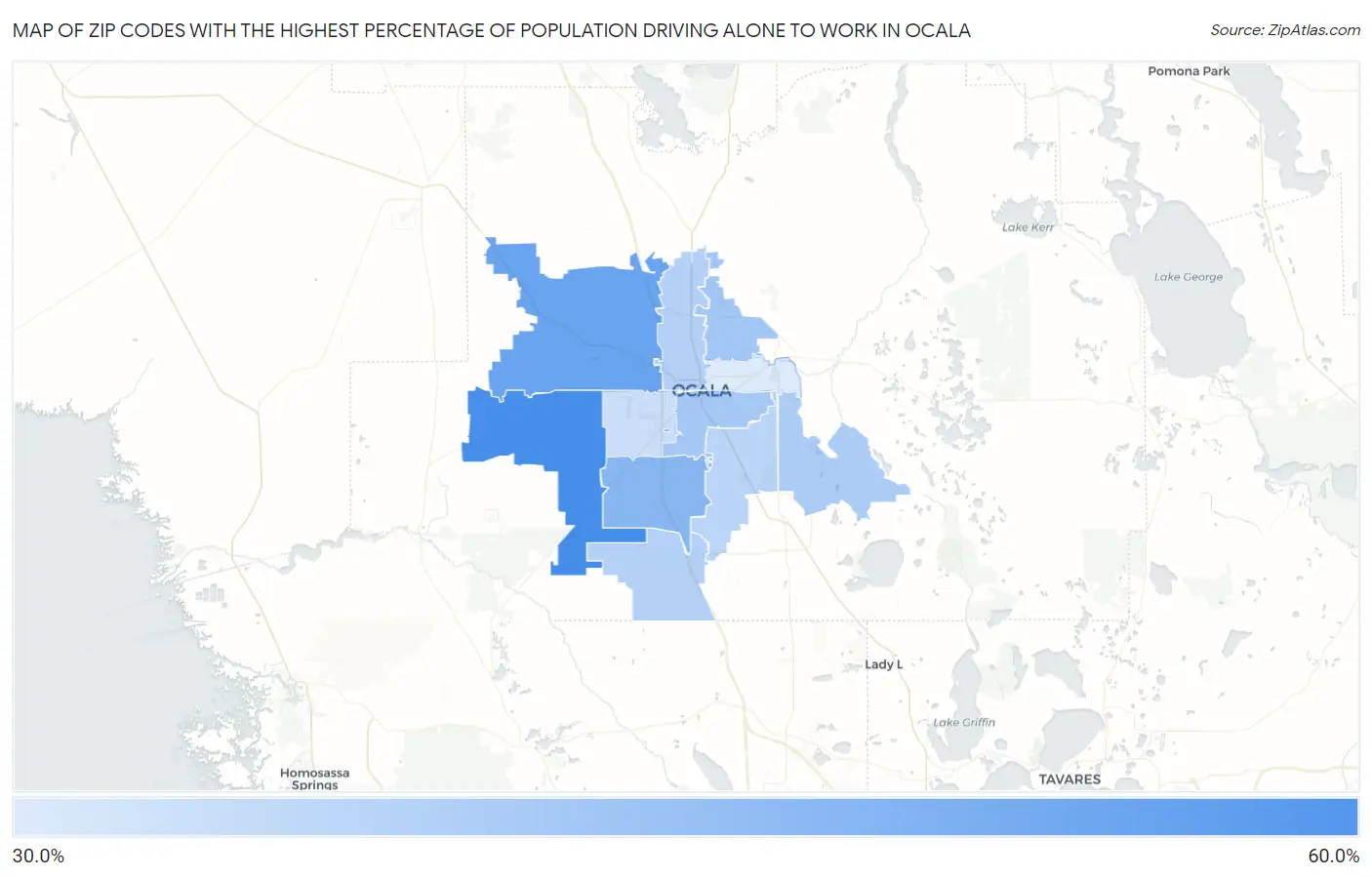 Zip Codes with the Highest Percentage of Population Driving Alone to Work in Ocala Map