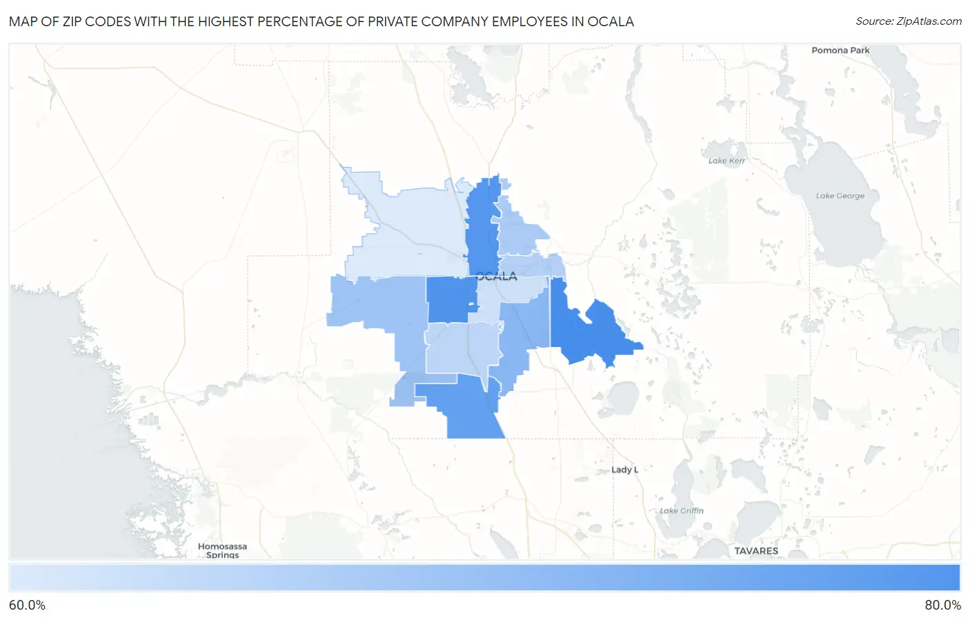 Zip Codes with the Highest Percentage of Private Company Employees in Ocala Map