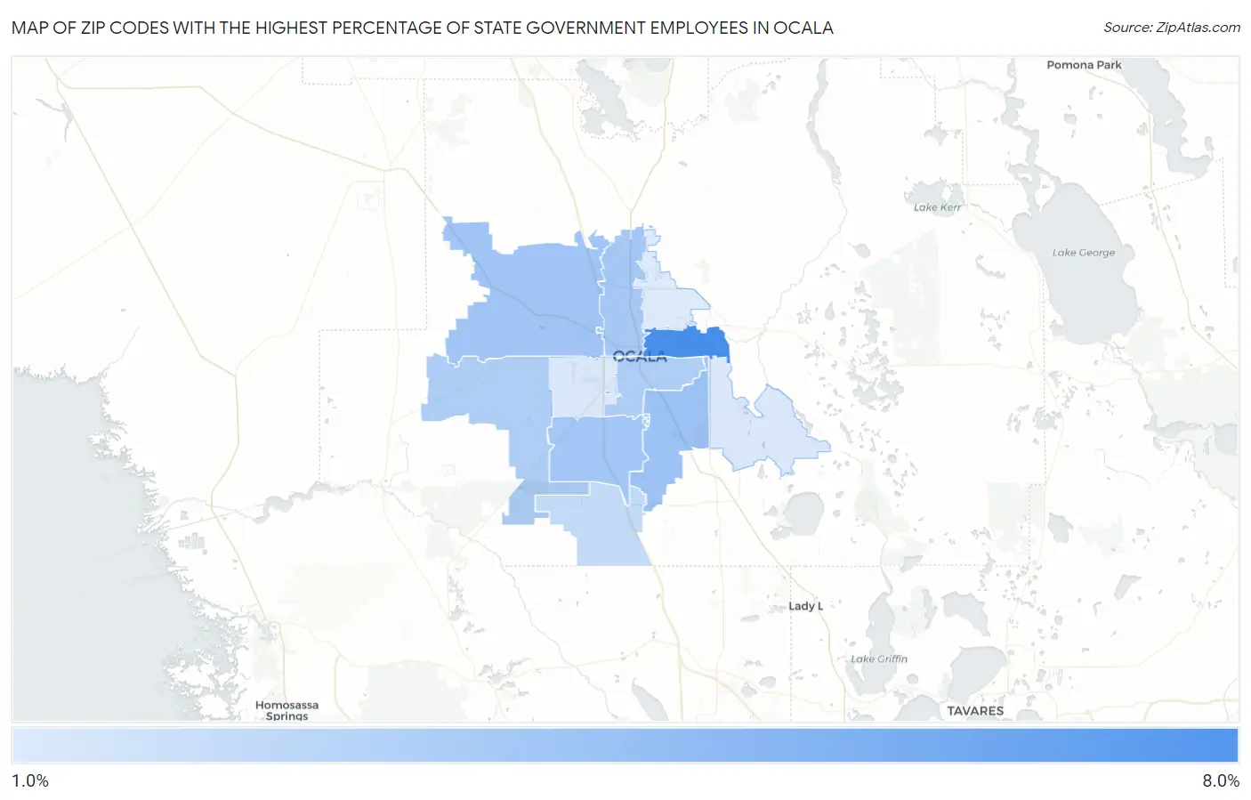 Zip Codes with the Highest Percentage of State Government Employees in Ocala Map