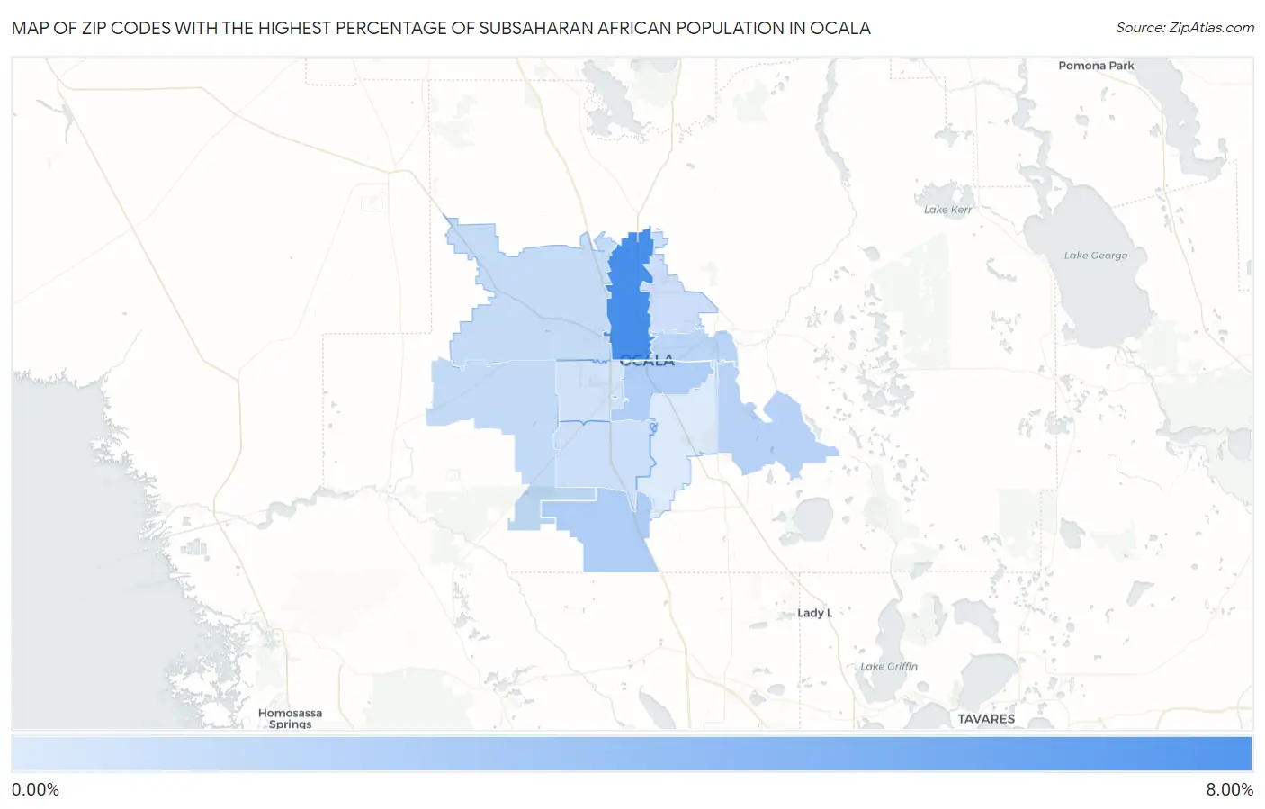 Zip Codes with the Highest Percentage of Subsaharan African Population in Ocala Map
