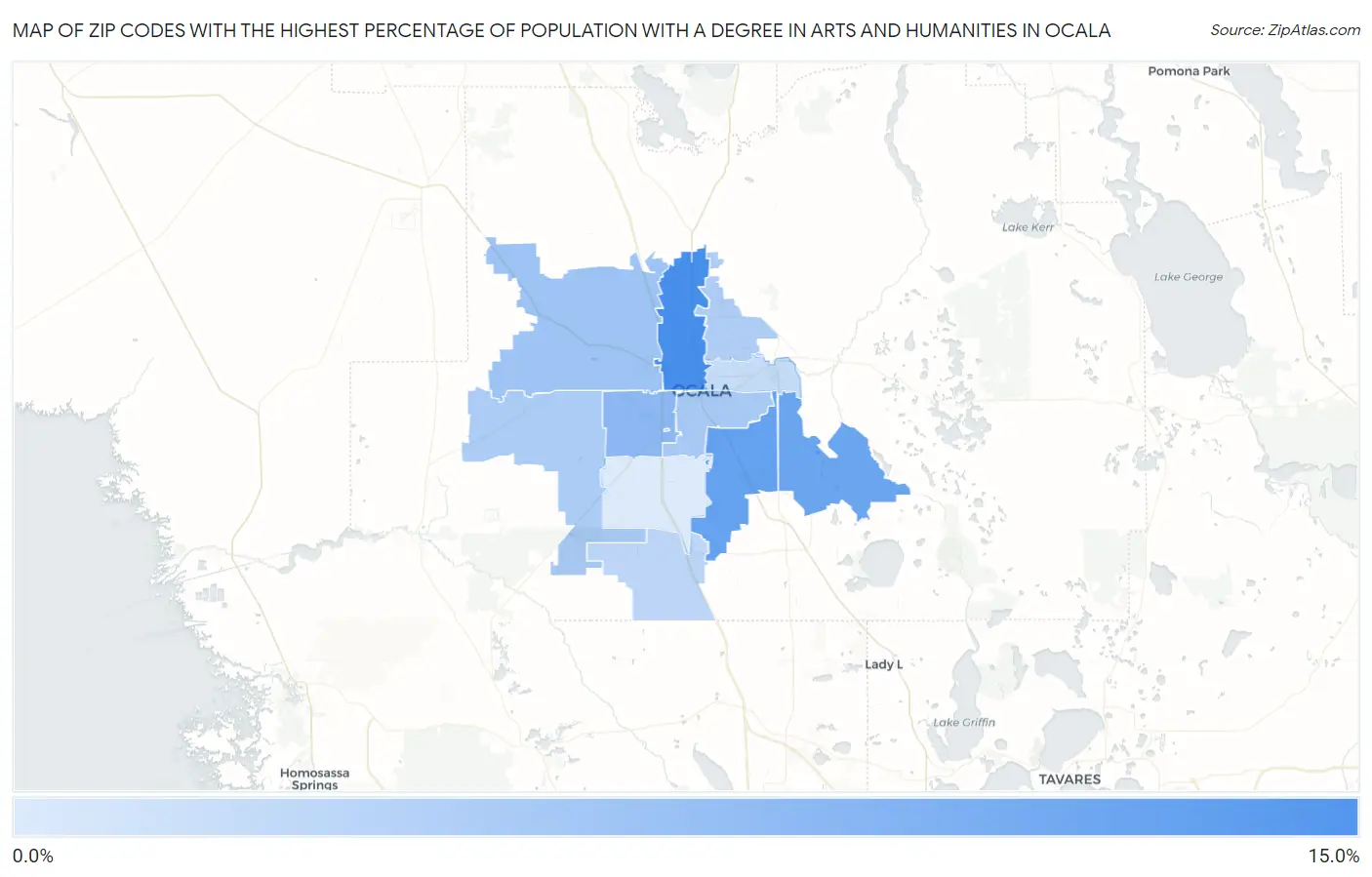 Zip Codes with the Highest Percentage of Population with a Degree in Arts and Humanities in Ocala Map