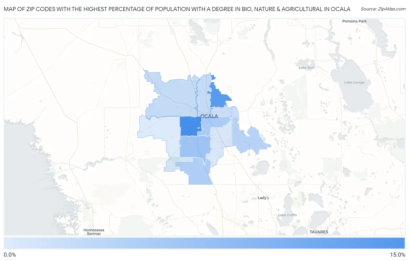 Zip Codes with the Highest Percentage of Population with a Degree in Bio, Nature & Agricultural in Ocala Map
