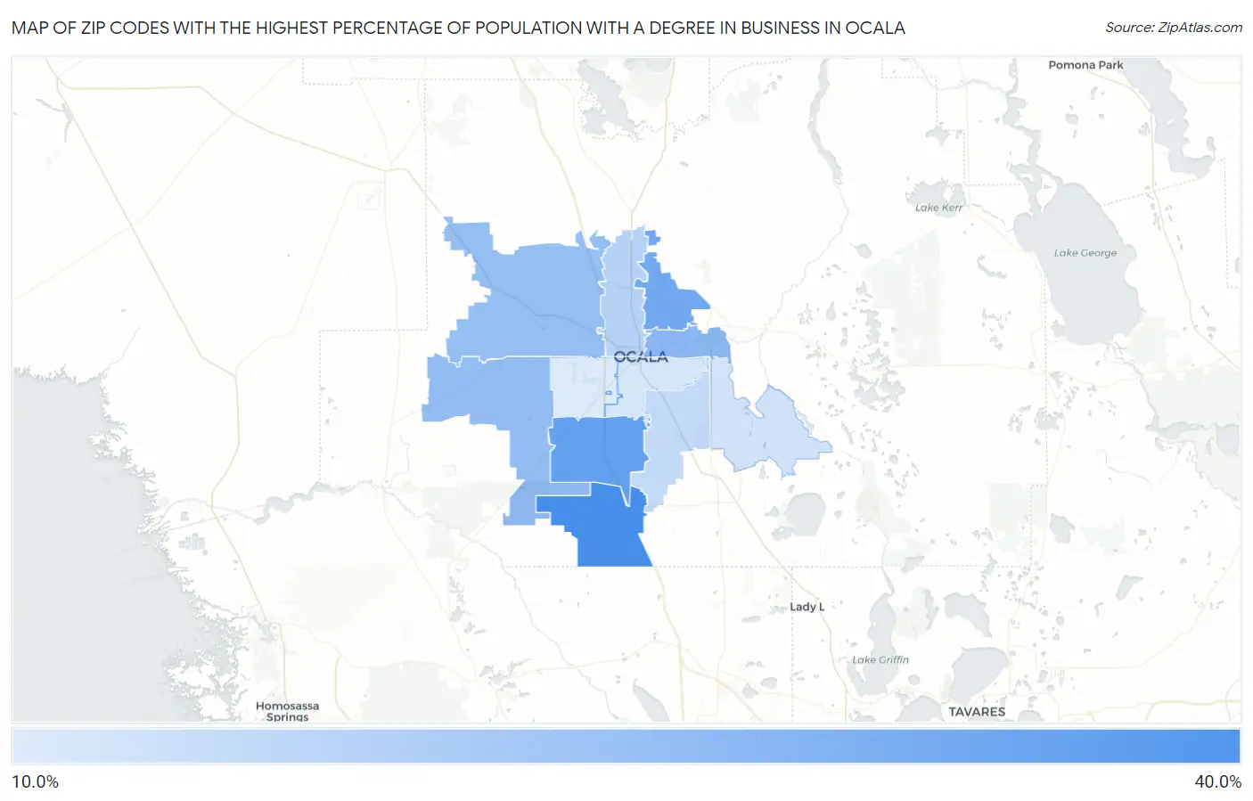 Zip Codes with the Highest Percentage of Population with a Degree in Business in Ocala Map