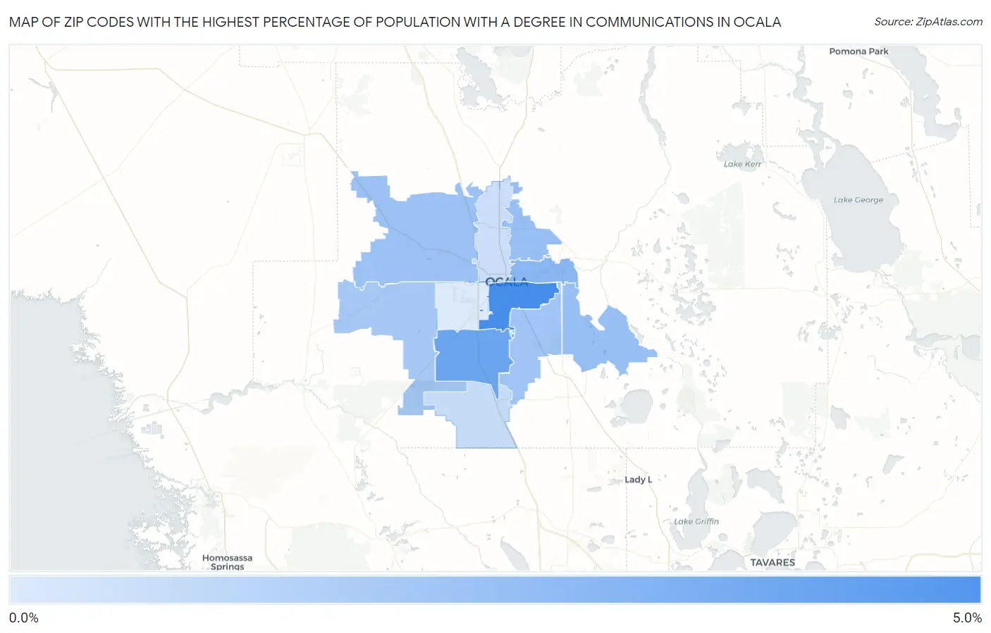 Zip Codes with the Highest Percentage of Population with a Degree in Communications in Ocala Map