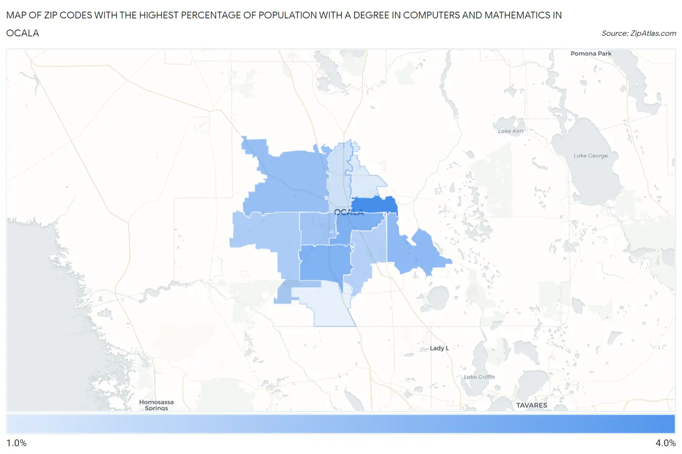 Zip Codes with the Highest Percentage of Population with a Degree in Computers and Mathematics in Ocala Map