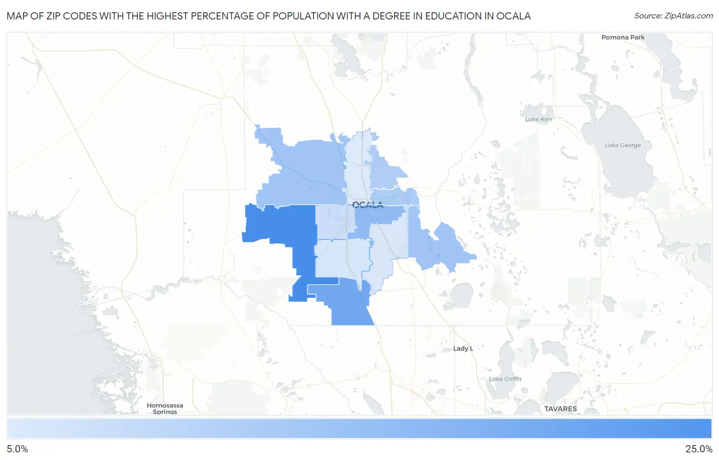 Zip Codes with the Highest Percentage of Population with a Degree in Education in Ocala Map