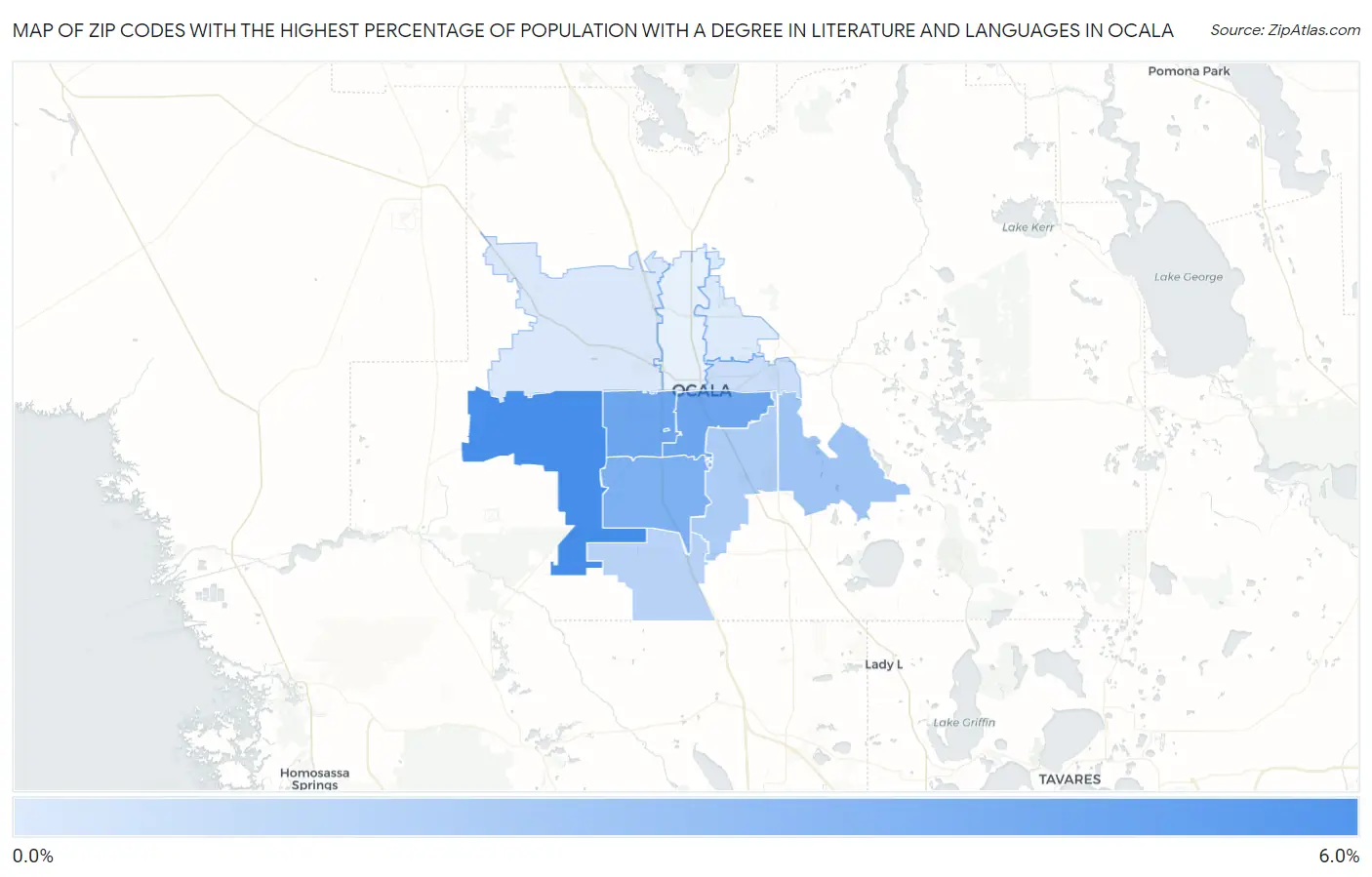 Zip Codes with the Highest Percentage of Population with a Degree in Literature and Languages in Ocala Map