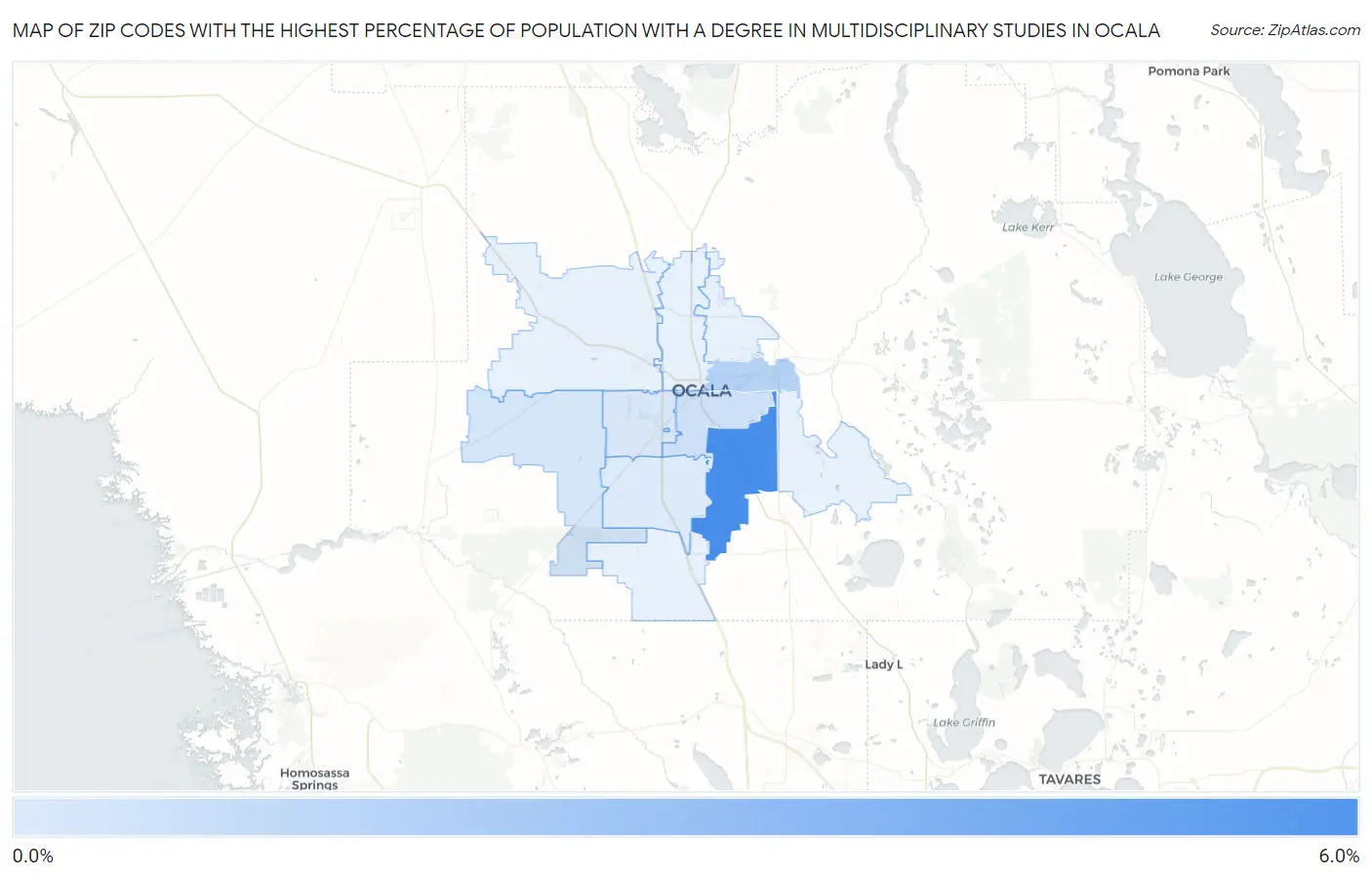 Zip Codes with the Highest Percentage of Population with a Degree in Multidisciplinary Studies in Ocala Map