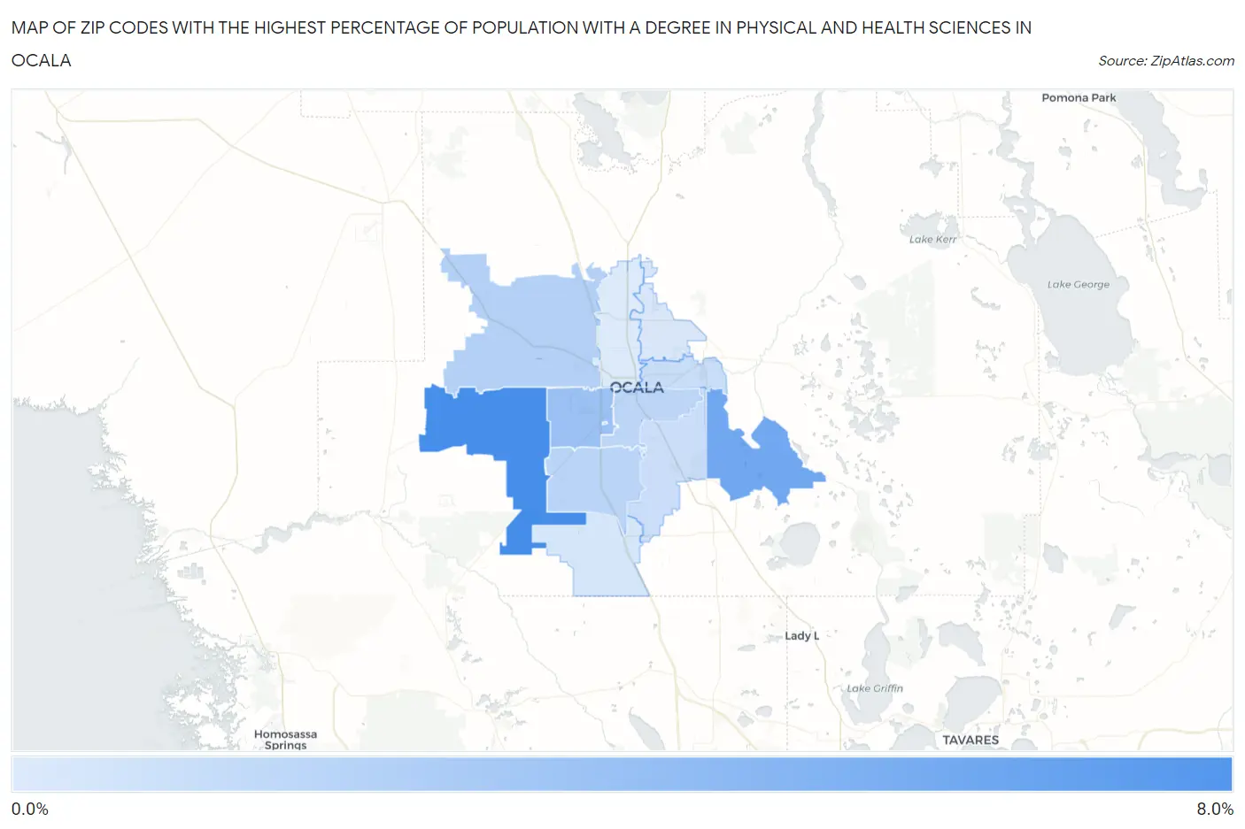 Zip Codes with the Highest Percentage of Population with a Degree in Physical and Health Sciences in Ocala Map
