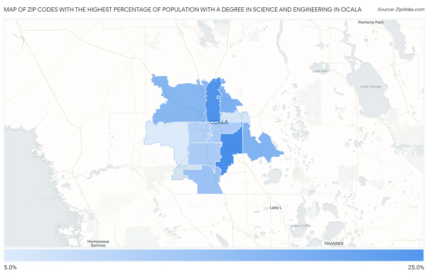 Zip Codes with the Highest Percentage of Population with a Degree in Science and Engineering in Ocala Map