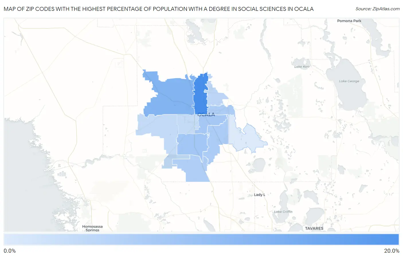 Zip Codes with the Highest Percentage of Population with a Degree in Social Sciences in Ocala Map