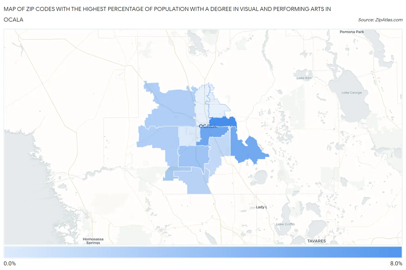 Zip Codes with the Highest Percentage of Population with a Degree in Visual and Performing Arts in Ocala Map