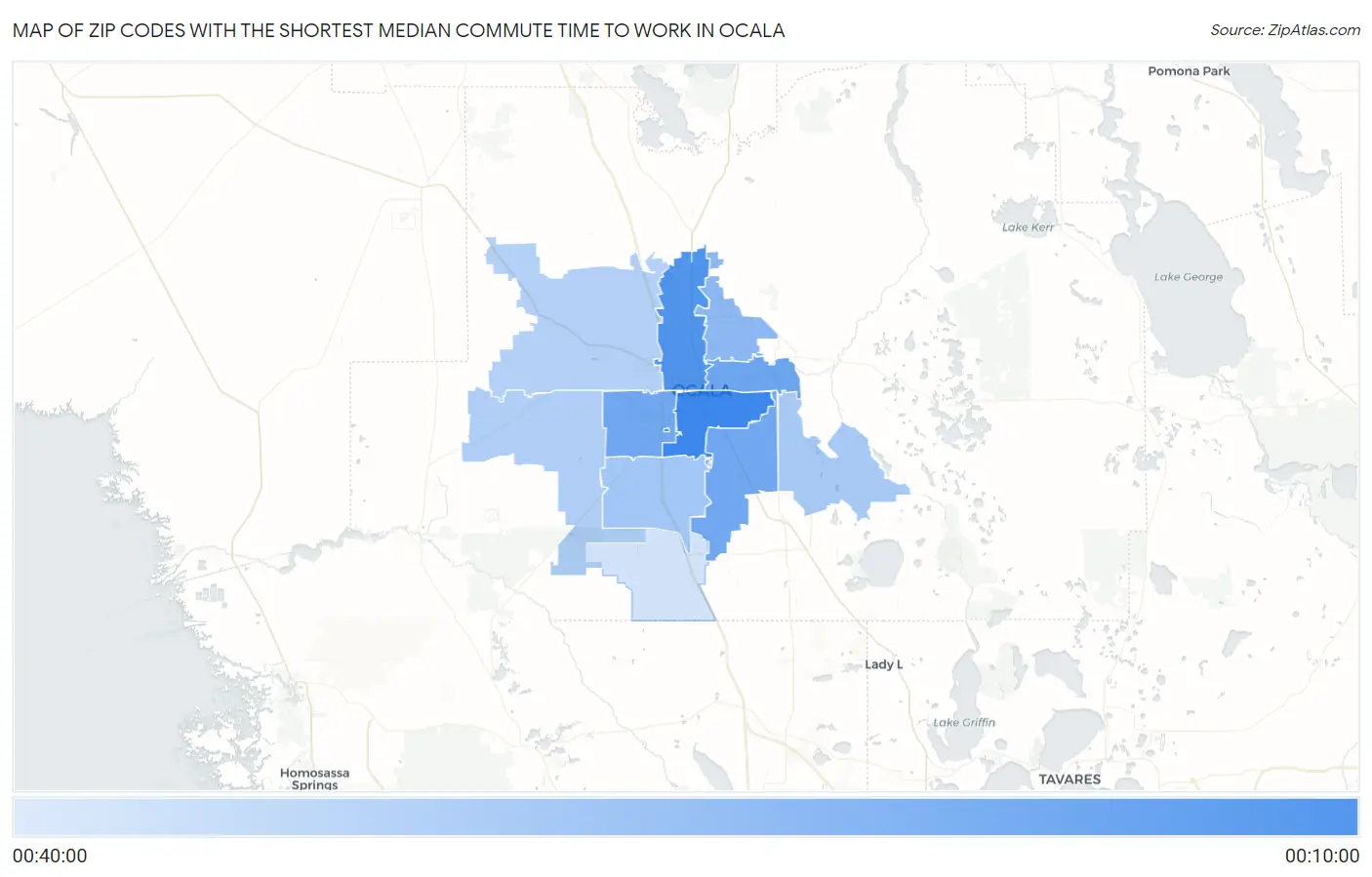 Zip Codes with the Shortest Median Commute Time to Work in Ocala Map