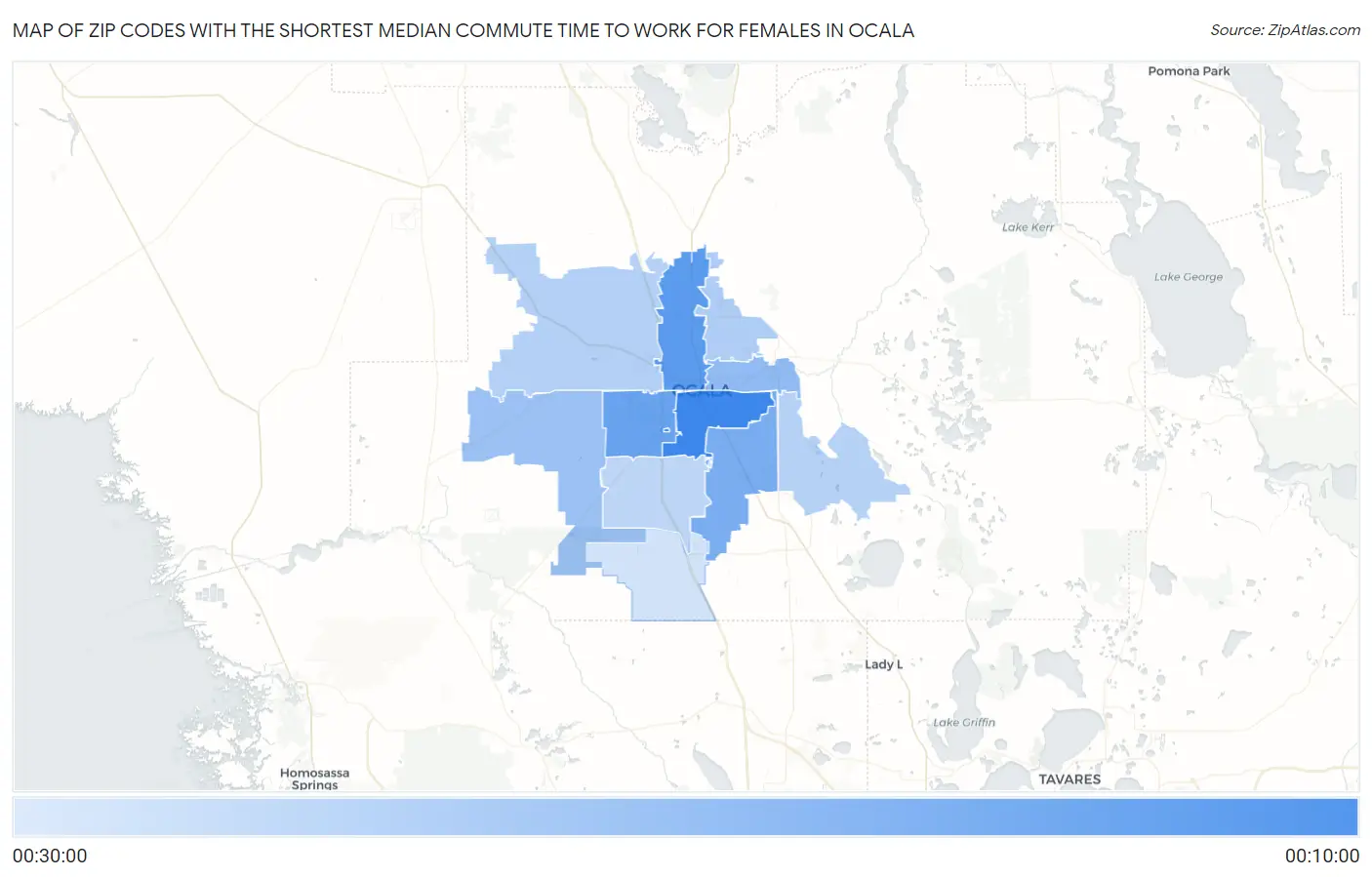Zip Codes with the Shortest Median Commute Time to Work for Females in Ocala Map