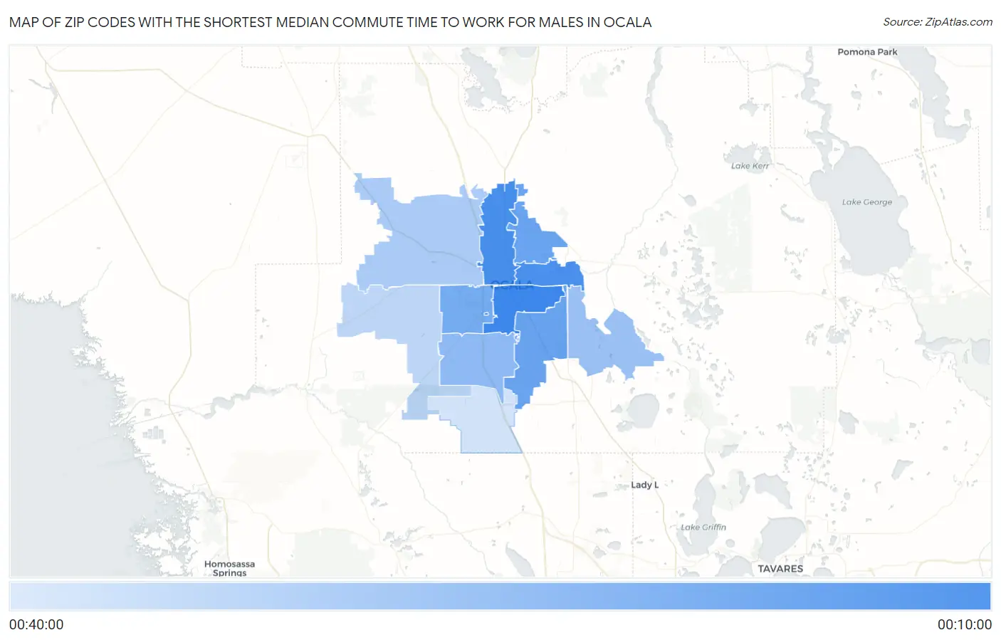 Zip Codes with the Shortest Median Commute Time to Work for Males in Ocala Map