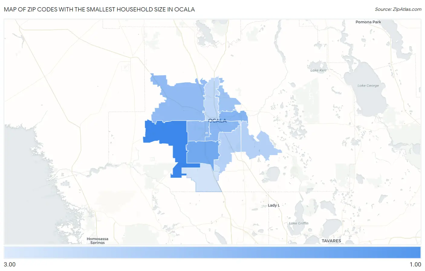 Zip Codes with the Smallest Household Size in Ocala Map