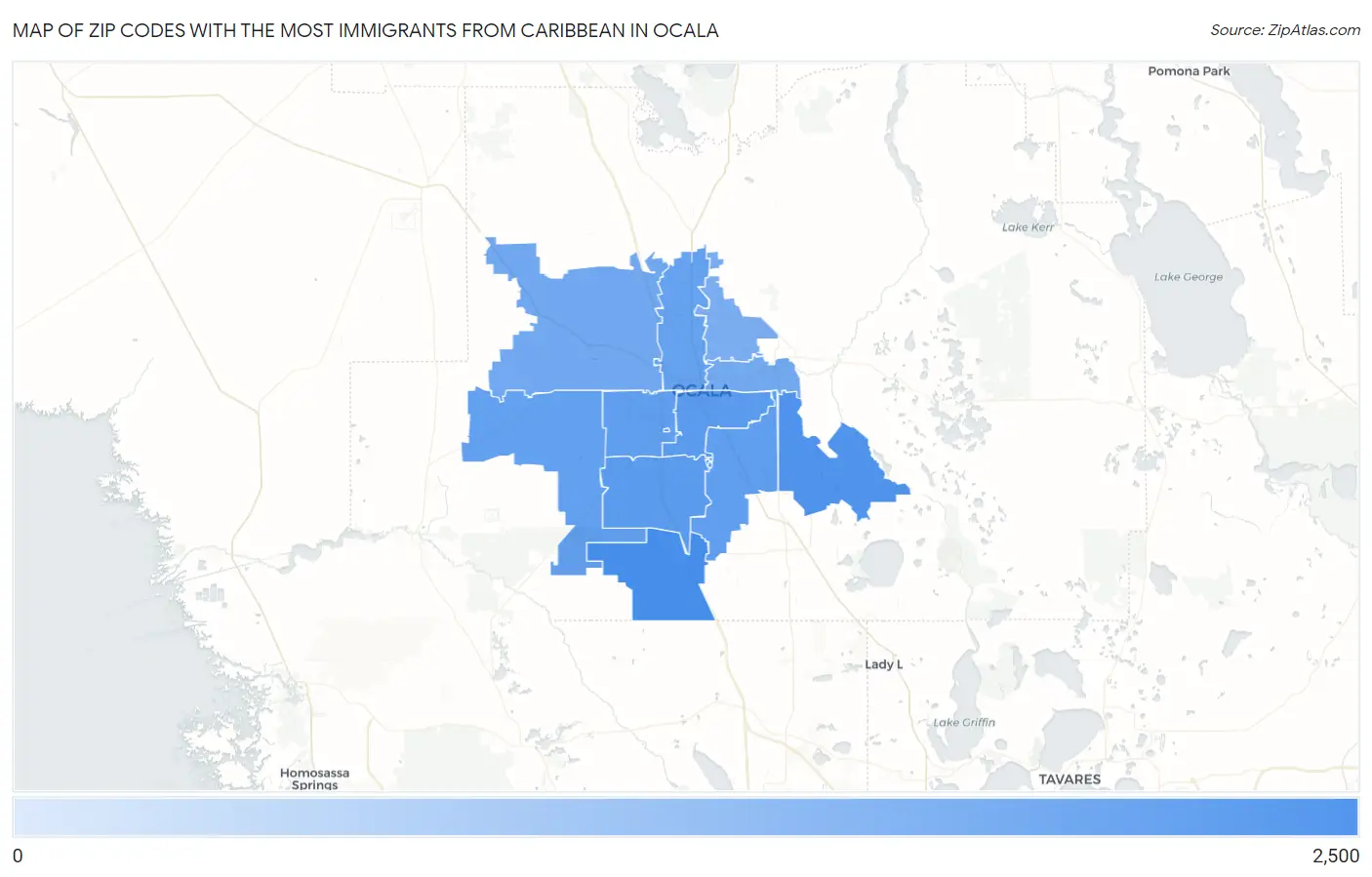Zip Codes with the Most Immigrants from Caribbean in Ocala Map