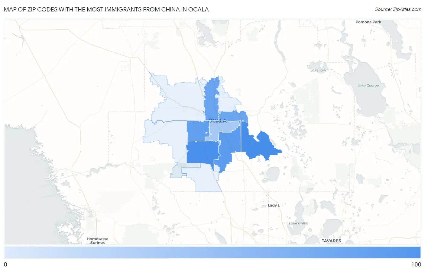 Zip Codes with the Most Immigrants from China in Ocala Map