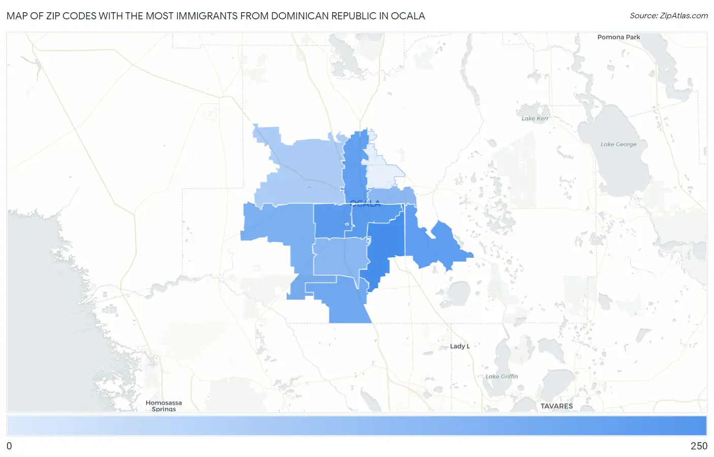 Zip Codes with the Most Immigrants from Dominican Republic in Ocala Map