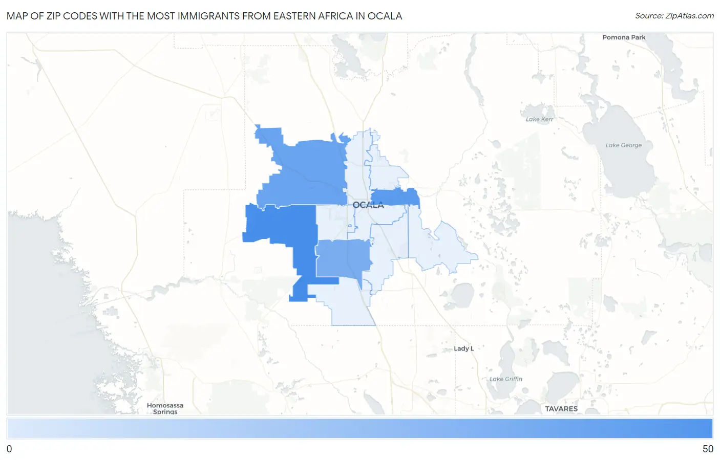 Zip Codes with the Most Immigrants from Eastern Africa in Ocala Map