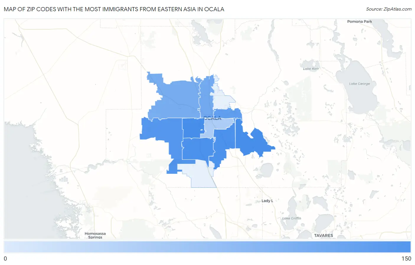 Zip Codes with the Most Immigrants from Eastern Asia in Ocala Map