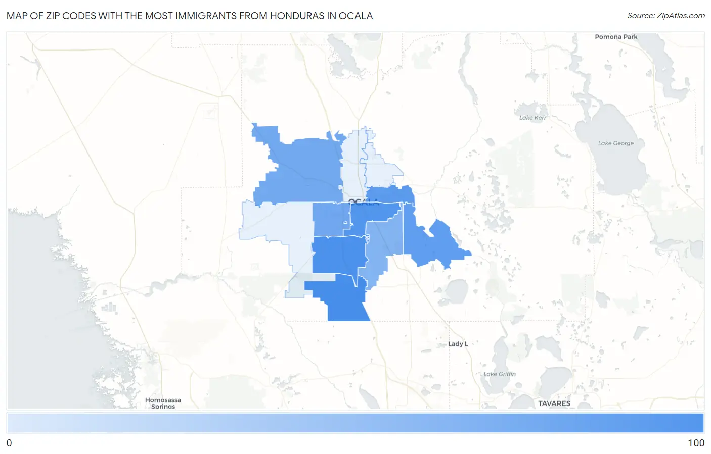 Zip Codes with the Most Immigrants from Honduras in Ocala Map