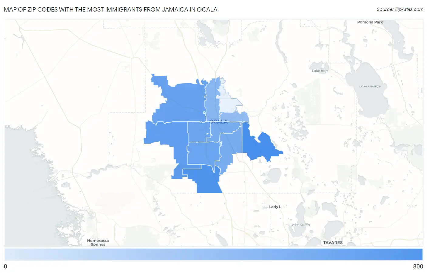 Zip Codes with the Most Immigrants from Jamaica in Ocala Map
