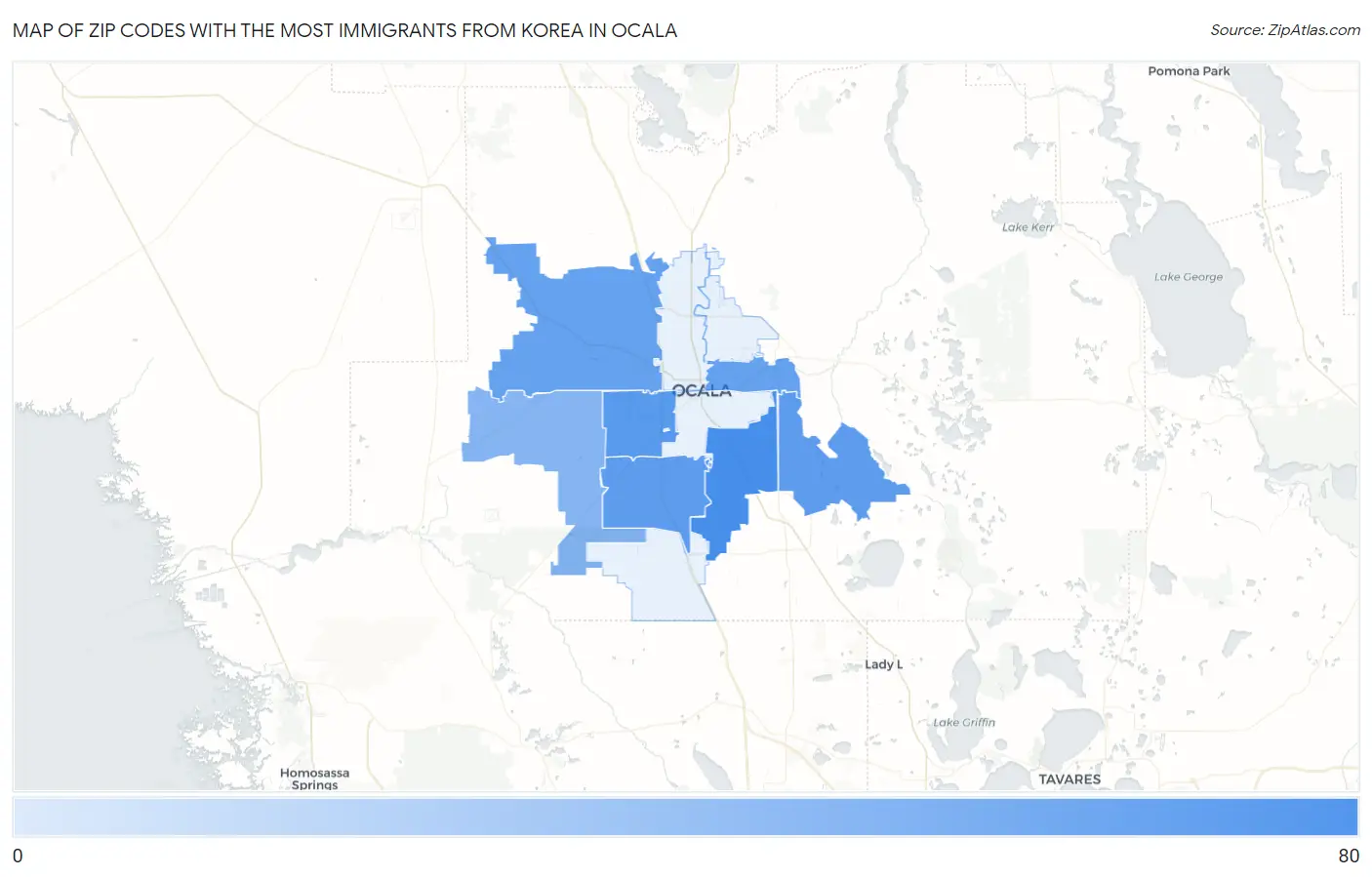 Zip Codes with the Most Immigrants from Korea in Ocala Map