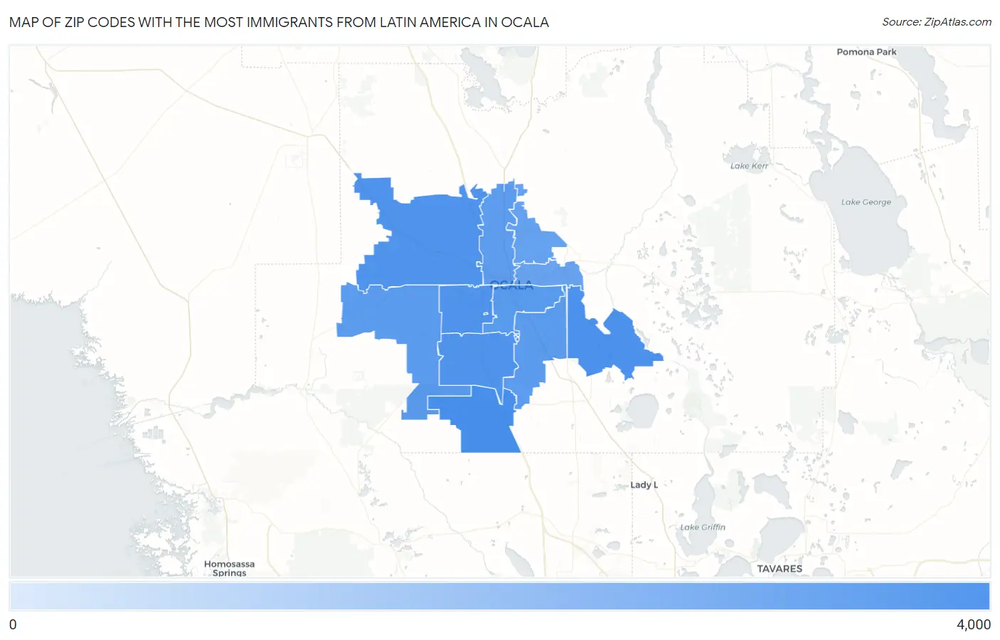 Zip Codes with the Most Immigrants from Latin America in Ocala Map