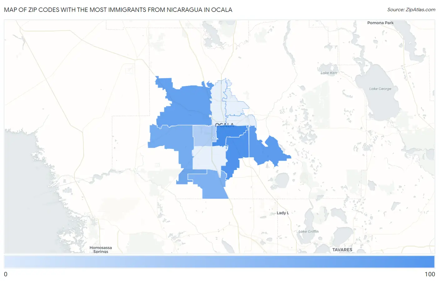 Zip Codes with the Most Immigrants from Nicaragua in Ocala Map