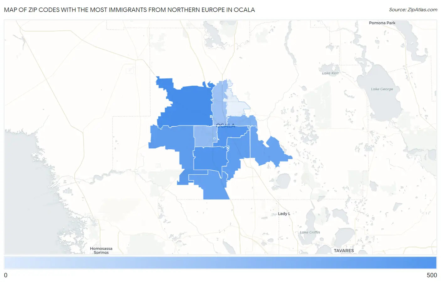 Zip Codes with the Most Immigrants from Northern Europe in Ocala Map