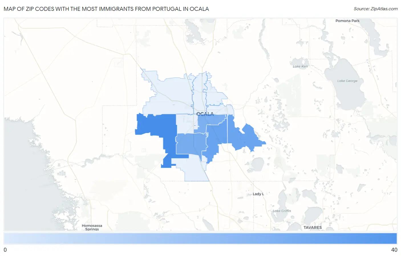 Zip Codes with the Most Immigrants from Portugal in Ocala Map