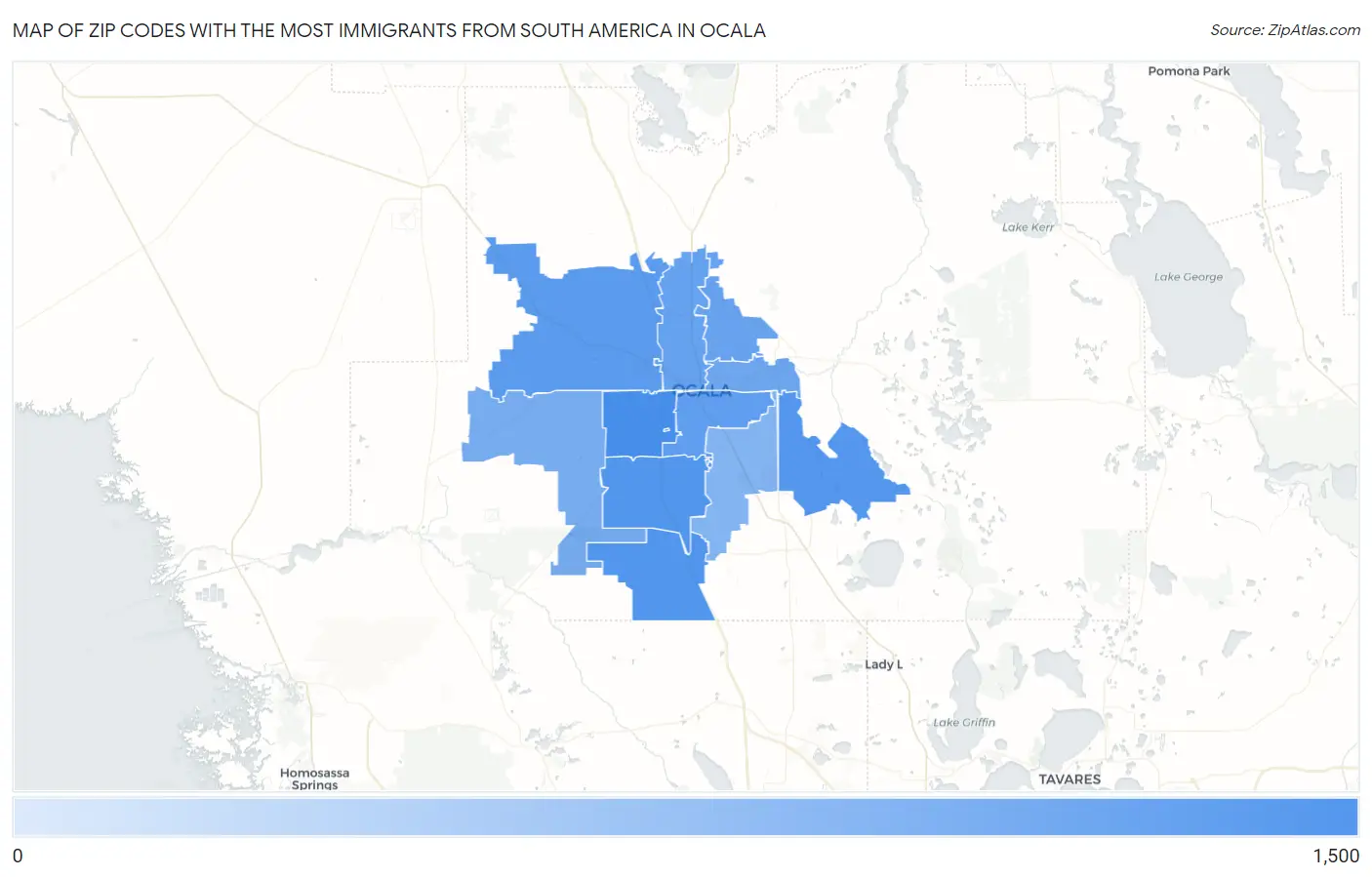 Zip Codes with the Most Immigrants from South America in Ocala Map