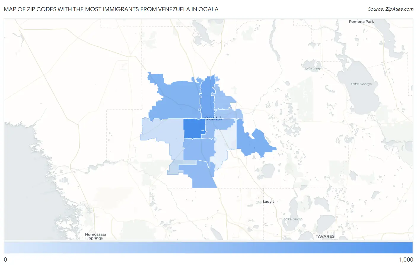 Zip Codes with the Most Immigrants from Venezuela in Ocala Map