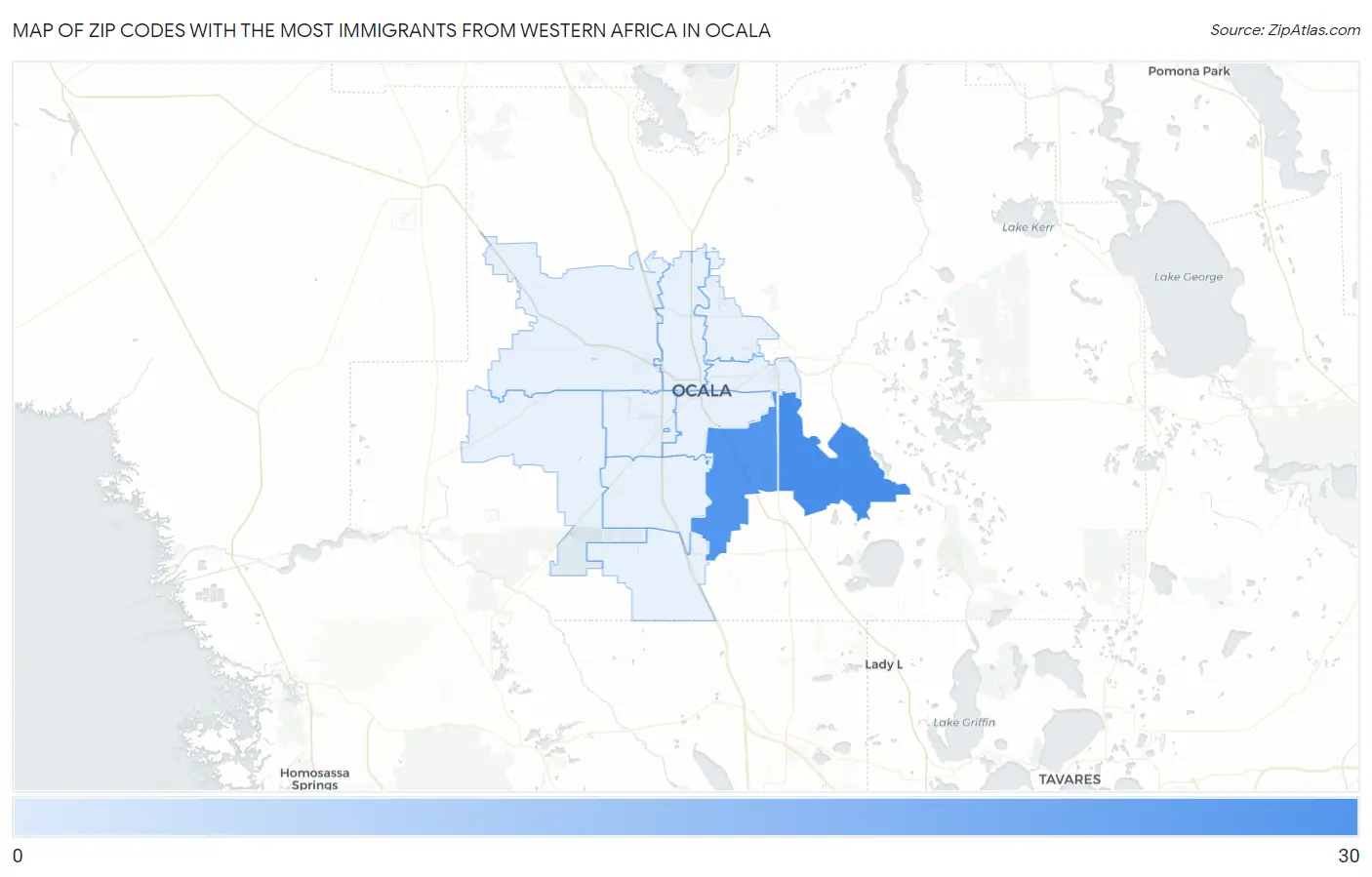 Zip Codes with the Most Immigrants from Western Africa in Ocala Map