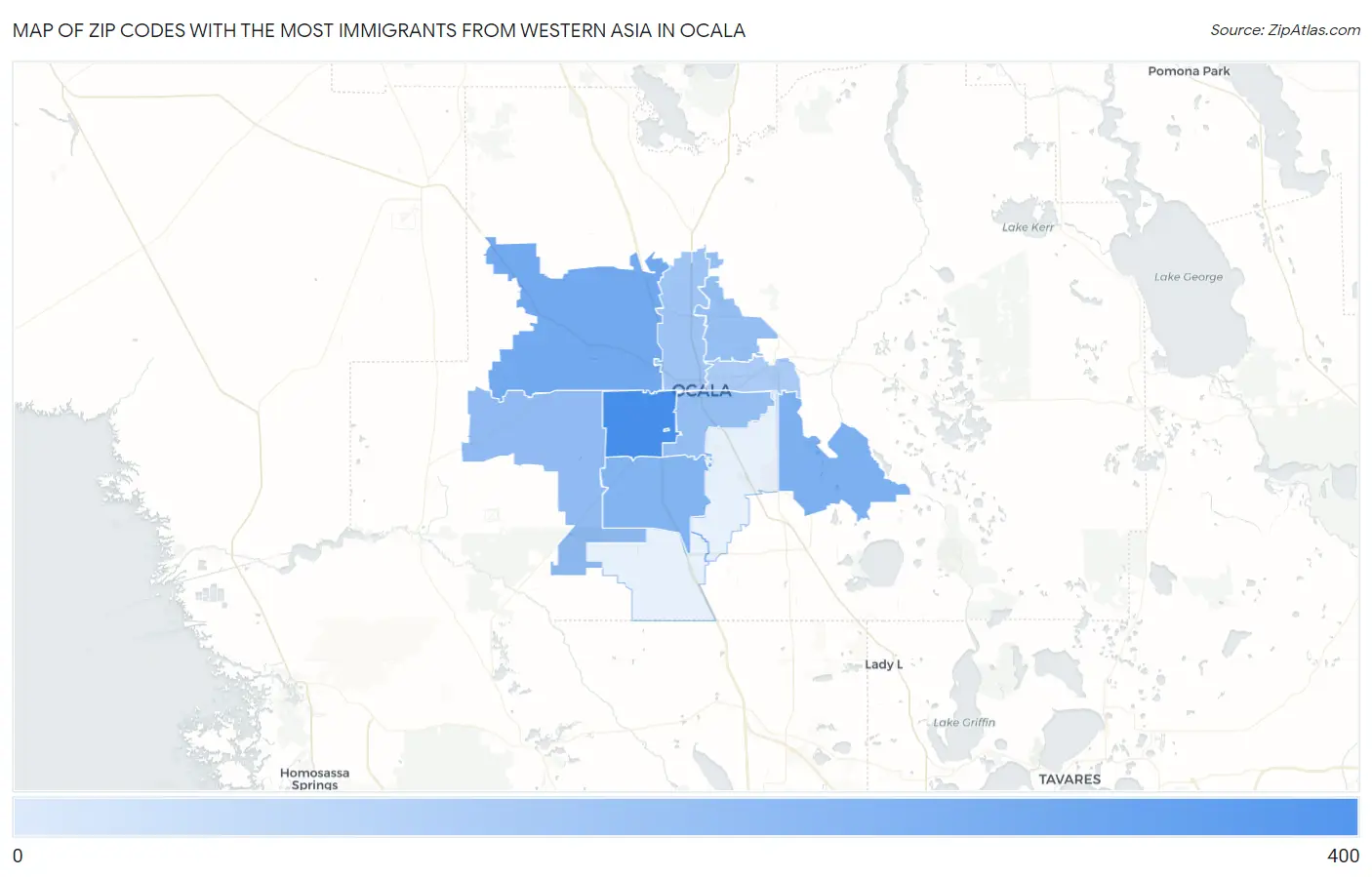 Zip Codes with the Most Immigrants from Western Asia in Ocala Map