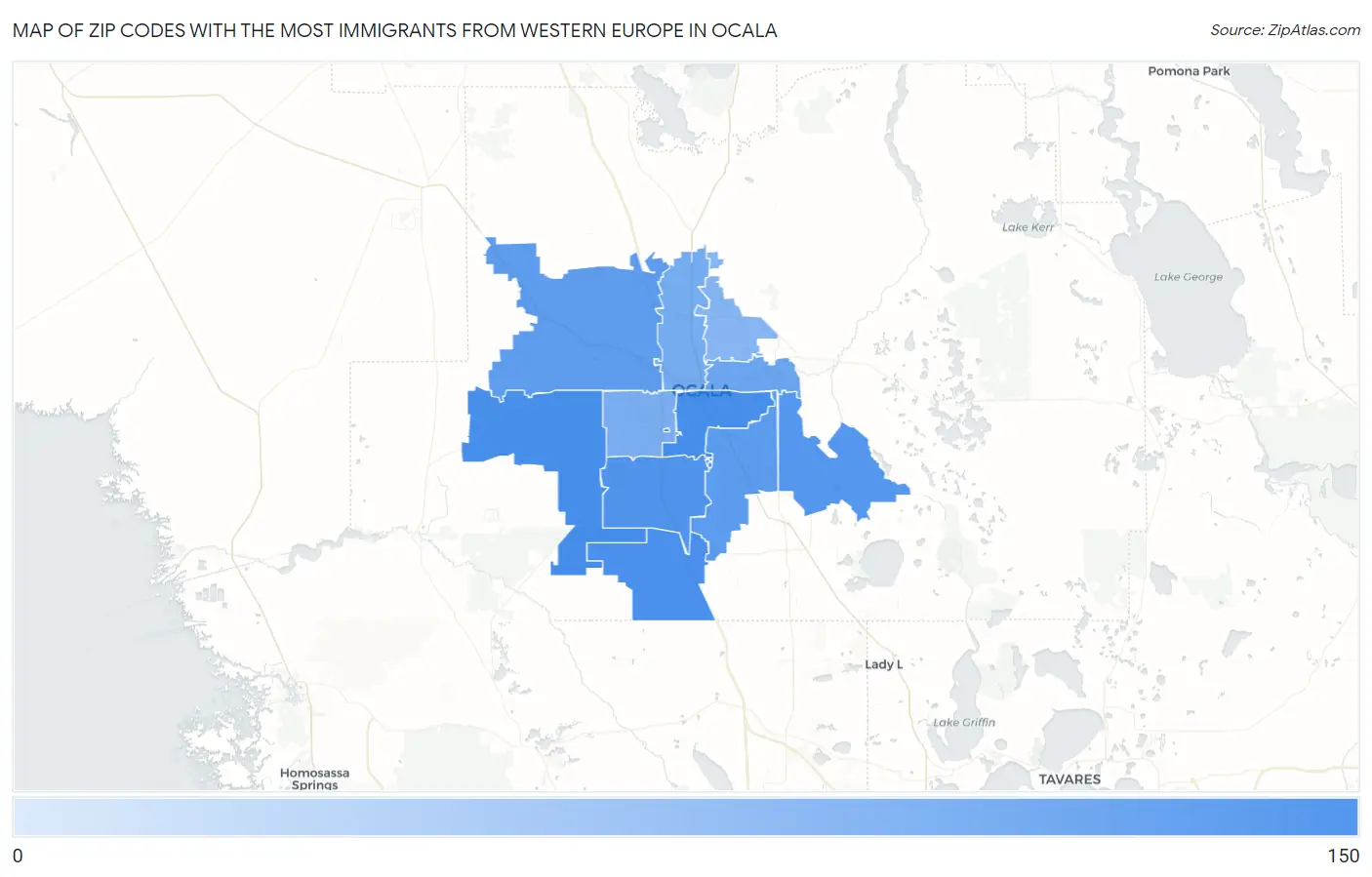 Zip Codes with the Most Immigrants from Western Europe in Ocala Map