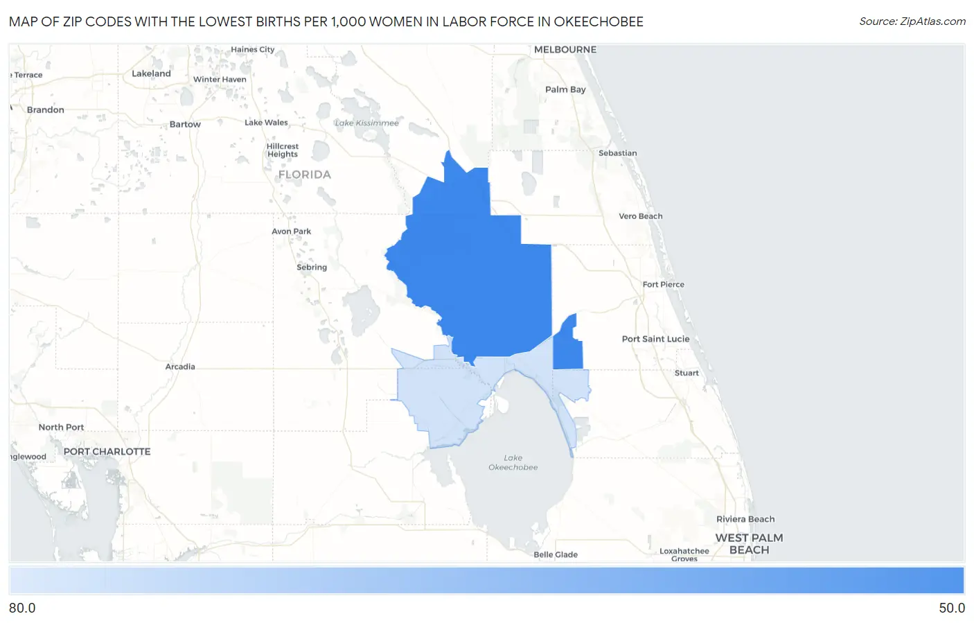 Zip Codes with the Lowest Births per 1,000 Women in Labor Force in Okeechobee Map