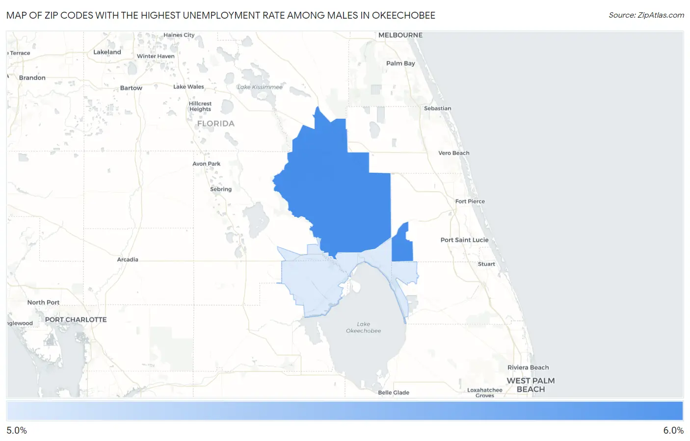 Zip Codes with the Highest Unemployment Rate Among Males in Okeechobee Map