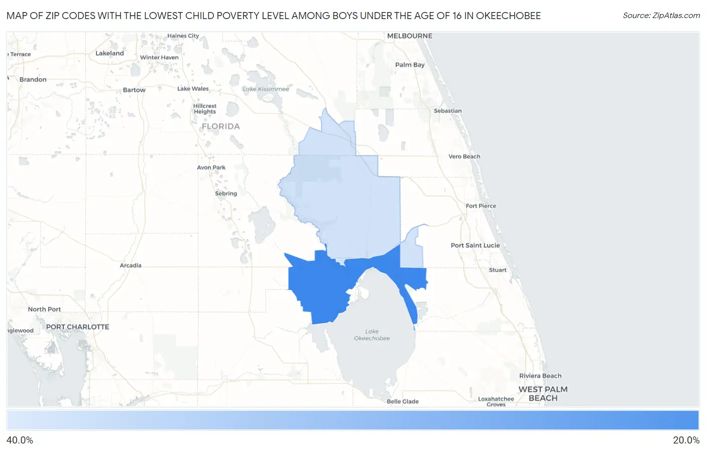 Zip Codes with the Lowest Child Poverty Level Among Boys Under the Age of 16 in Okeechobee Map