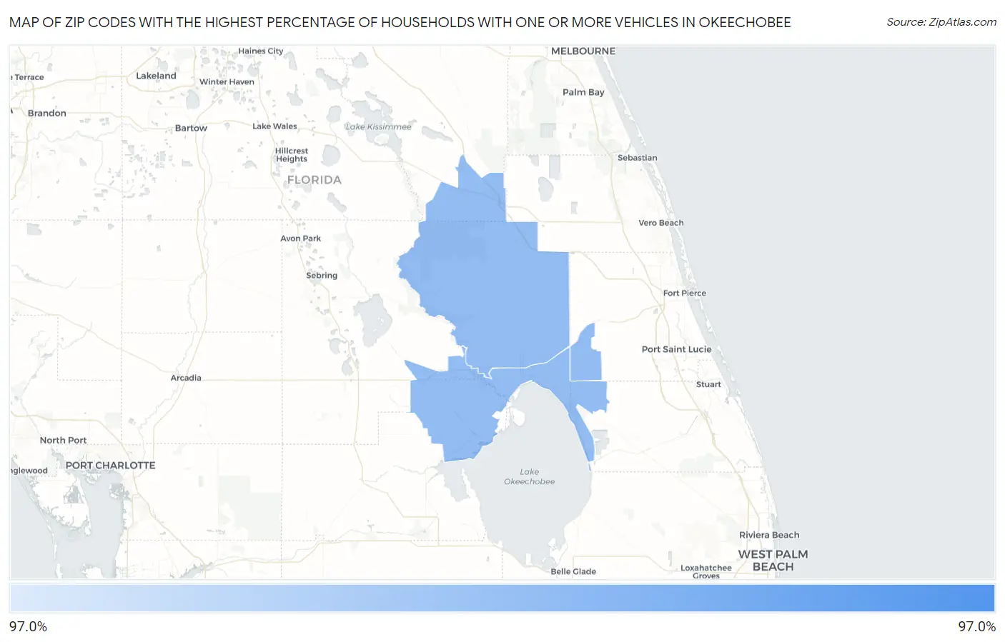 Zip Codes with the Highest Percentage of Households With One or more Vehicles in Okeechobee Map
