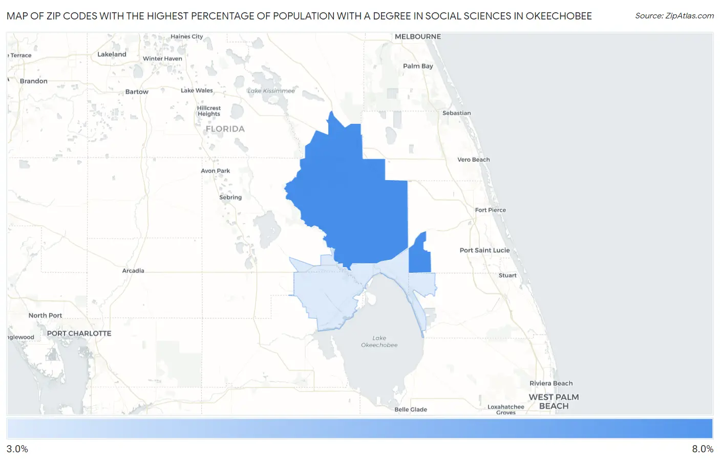 Zip Codes with the Highest Percentage of Population with a Degree in Social Sciences in Okeechobee Map