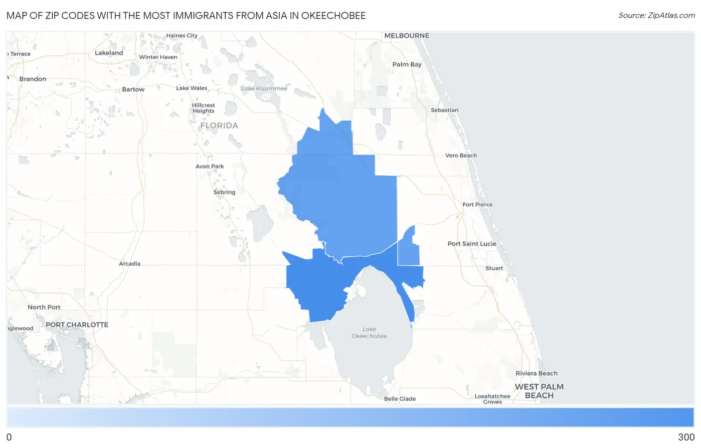 Zip Codes with the Most Immigrants from Asia in Okeechobee Map