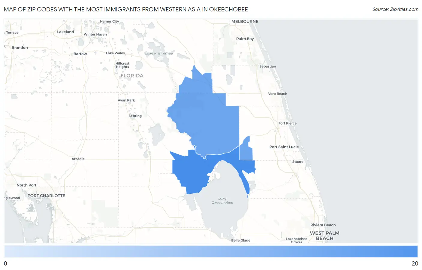 Zip Codes with the Most Immigrants from Western Asia in Okeechobee Map
