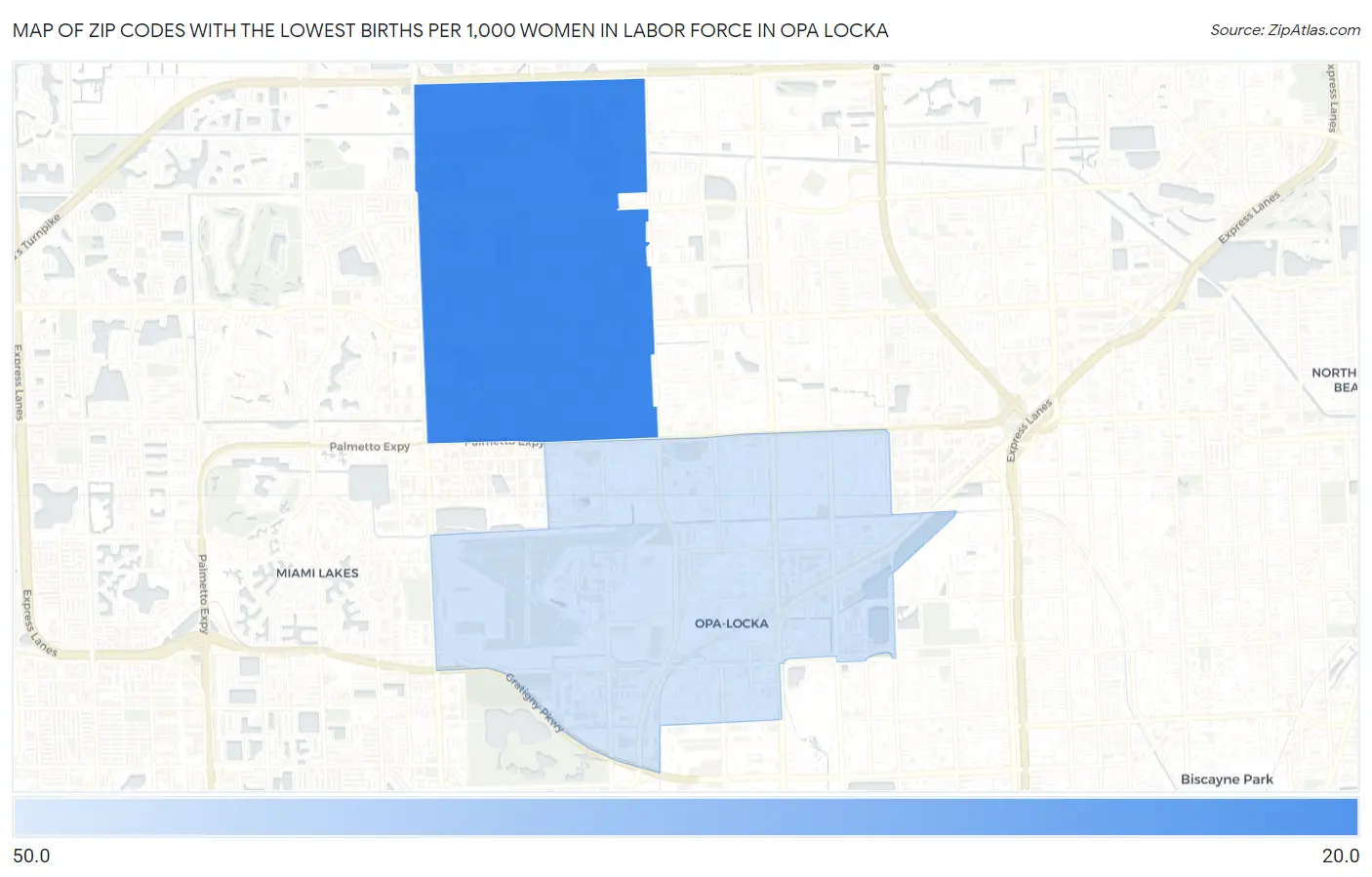 Zip Codes with the Lowest Births per 1,000 Women in Labor Force in Opa Locka Map