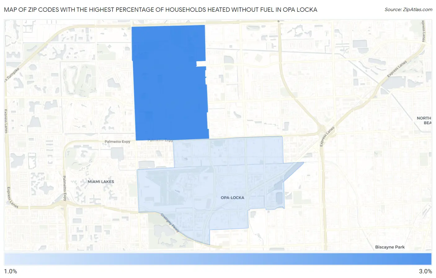 Zip Codes with the Highest Percentage of Households Heated without Fuel in Opa Locka Map