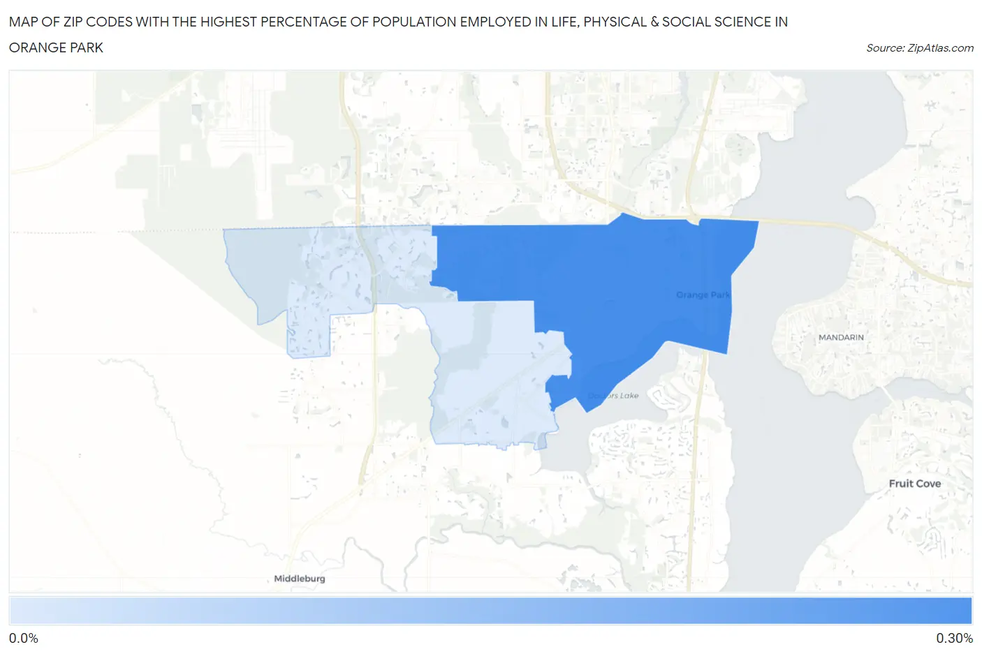 Zip Codes with the Highest Percentage of Population Employed in Life, Physical & Social Science in Orange Park Map