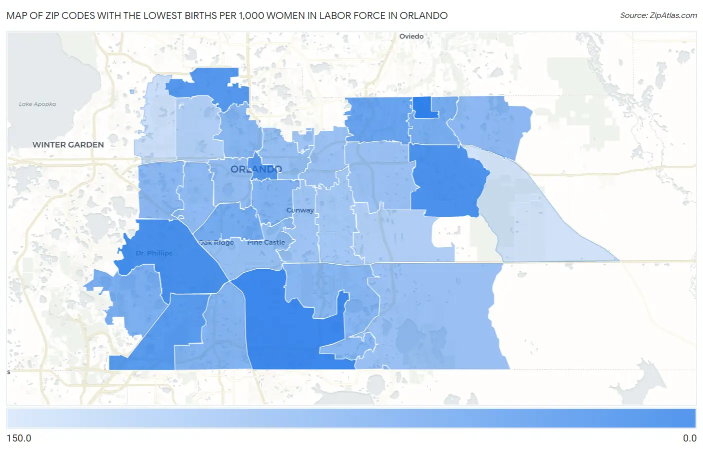 Zip Codes with the Lowest Births per 1,000 Women in Labor Force in Orlando Map